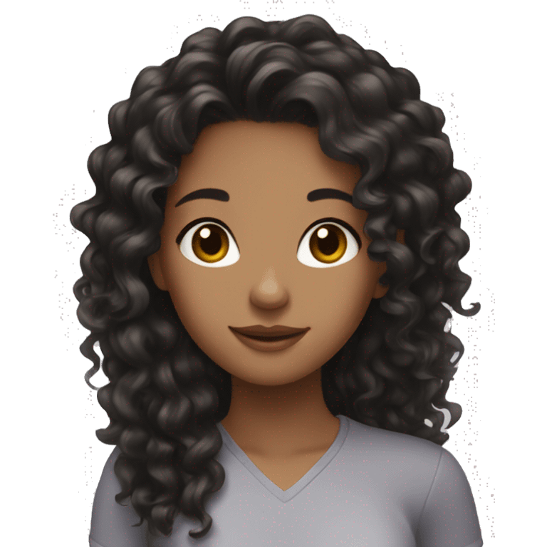 Girl brunette, black curly hair long, say hello emoji