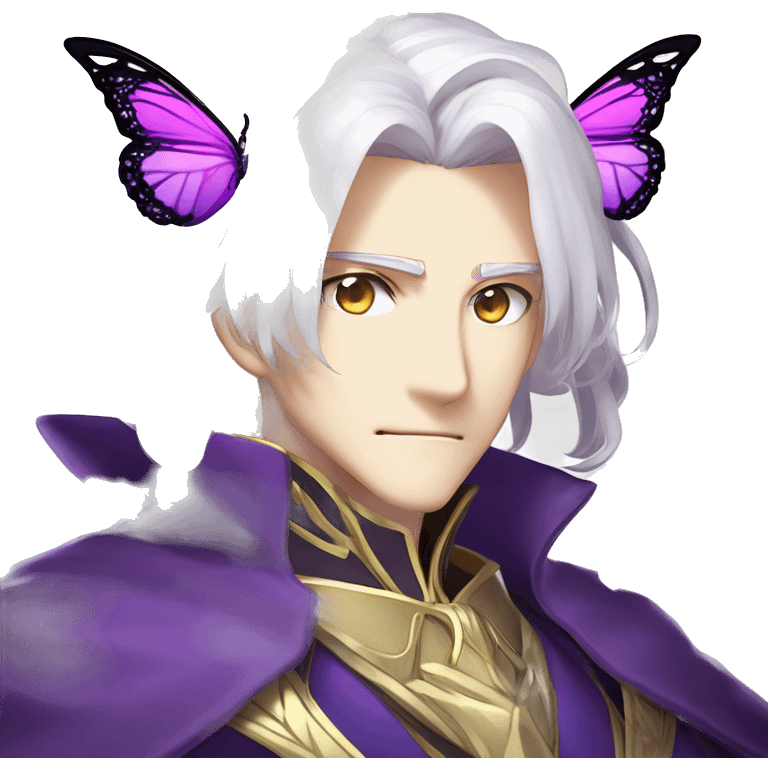 Oberon Voltigern in Fate/Grand Order has long white hair, glowing violet eyes, and translucent butterfly-like wings. He wears an elegant purple and gold coat, exuding a majestic and enigmatic presence fitting his role as the fairy king. emoji