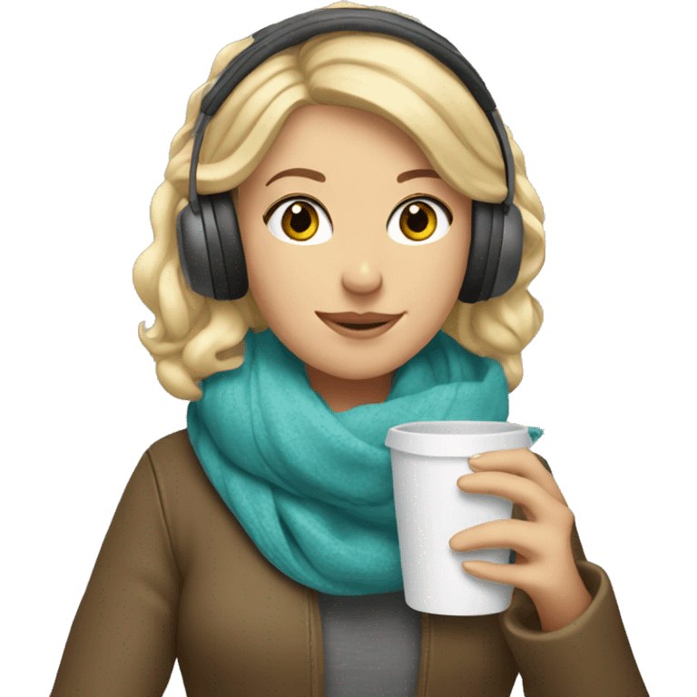 Blonde girl wearing a scarf, hand holding a cup and wearing headphones  emoji