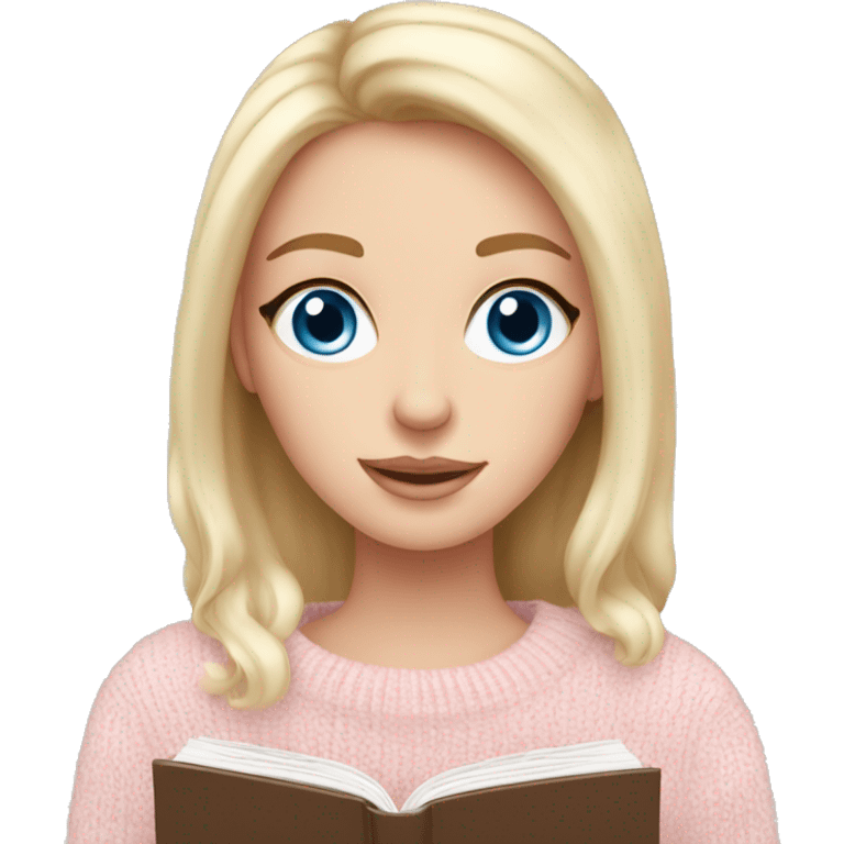 Pretty blue eyed white girl with light pink sweater reading cozy emoji