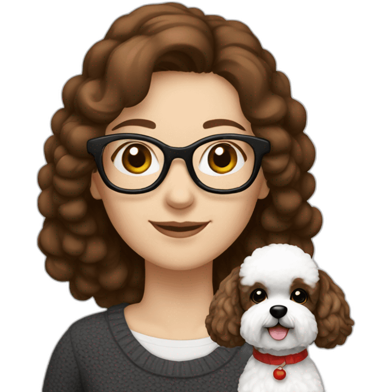 woman-white skin-brown hair-black-with glasses bichon dog-white-smile-christmas emoji