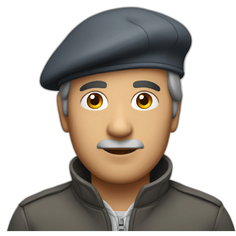 Grey photo of a middle aged man looking up while wearing a jacket and a beret emoji