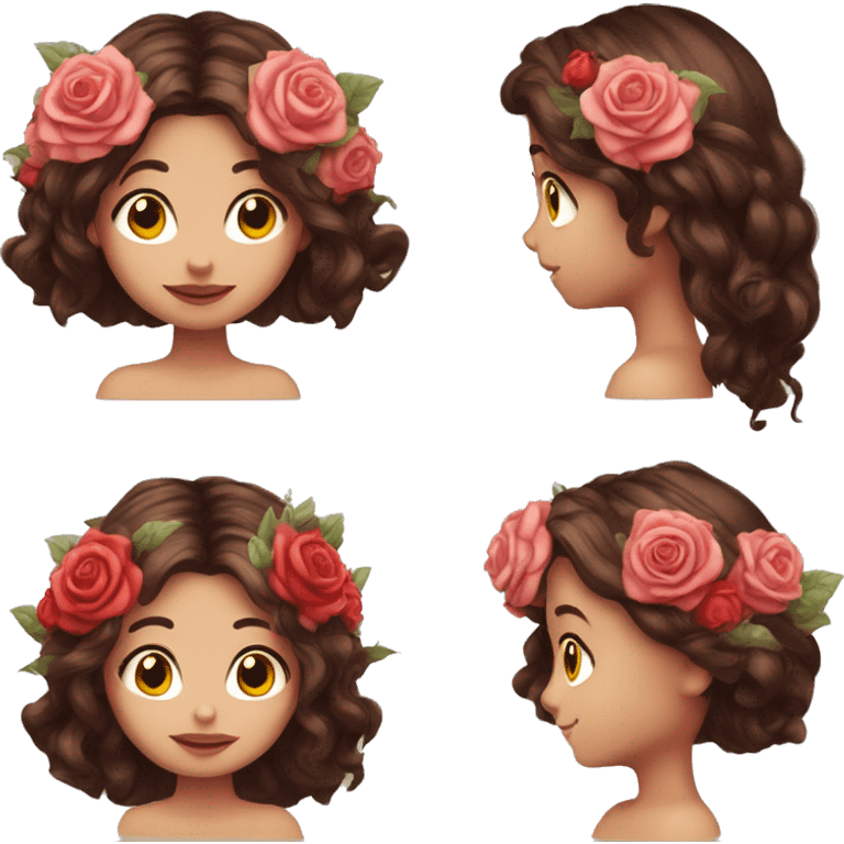 Beautiful, rose, fairy, red, flowers in hair, long dark brown hair, fair skin emoji