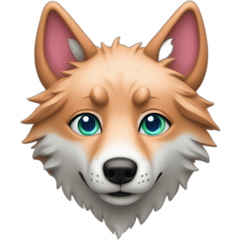 a green wolf with blue eyes, orange nose and pink ears emoji