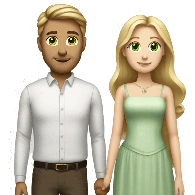 Married couple, the man has brown hair, and the woman has long blonde hair and green eyes emoji