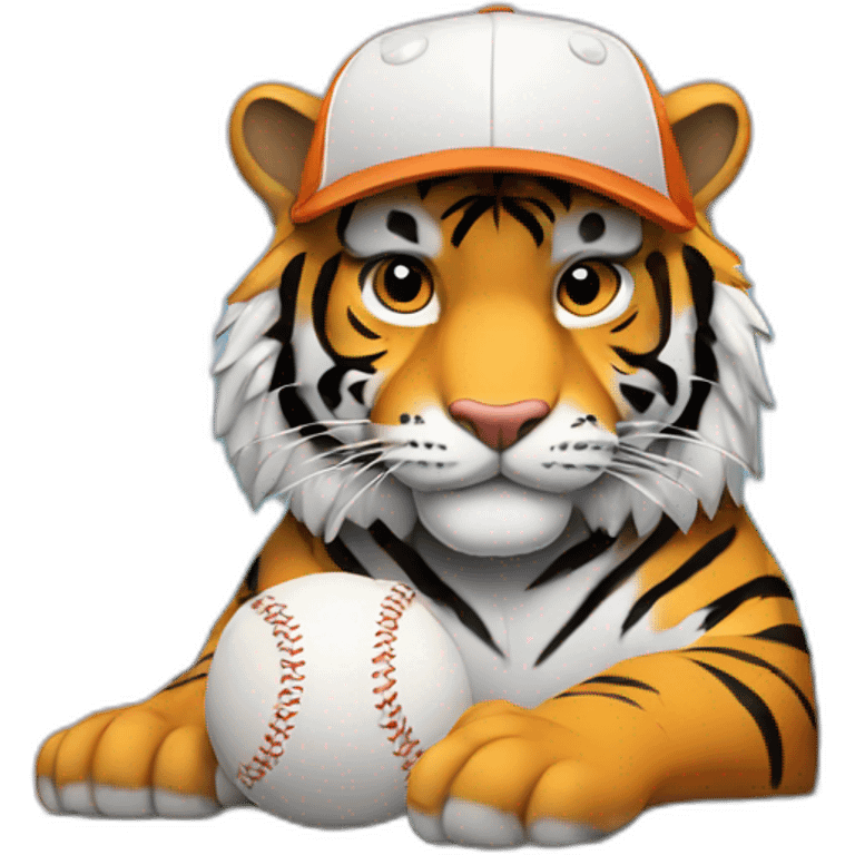 tiger wearing a baseball hat behind a laptop emoji