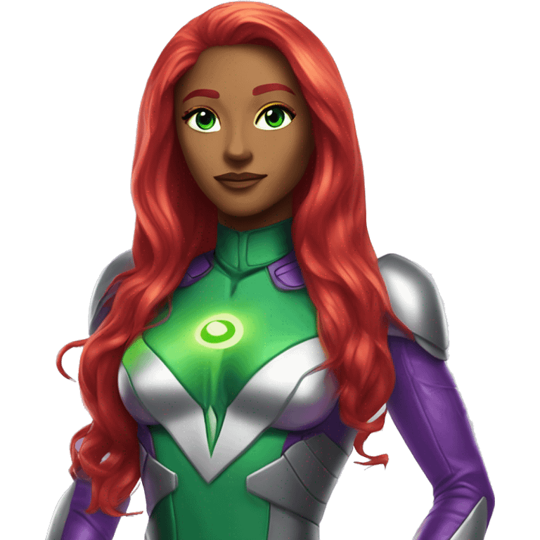 dc comics starfire glowing green eyes red long hair, purple and silver spacesuit with no helmet emoji