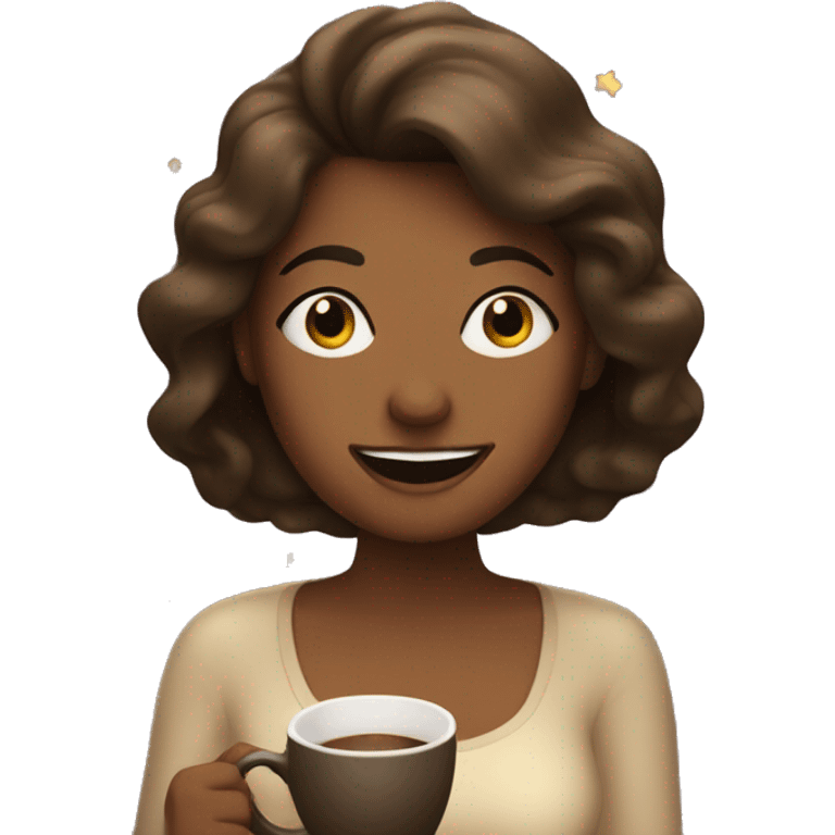 woman with coffee and star sparks and a relieved face emoji