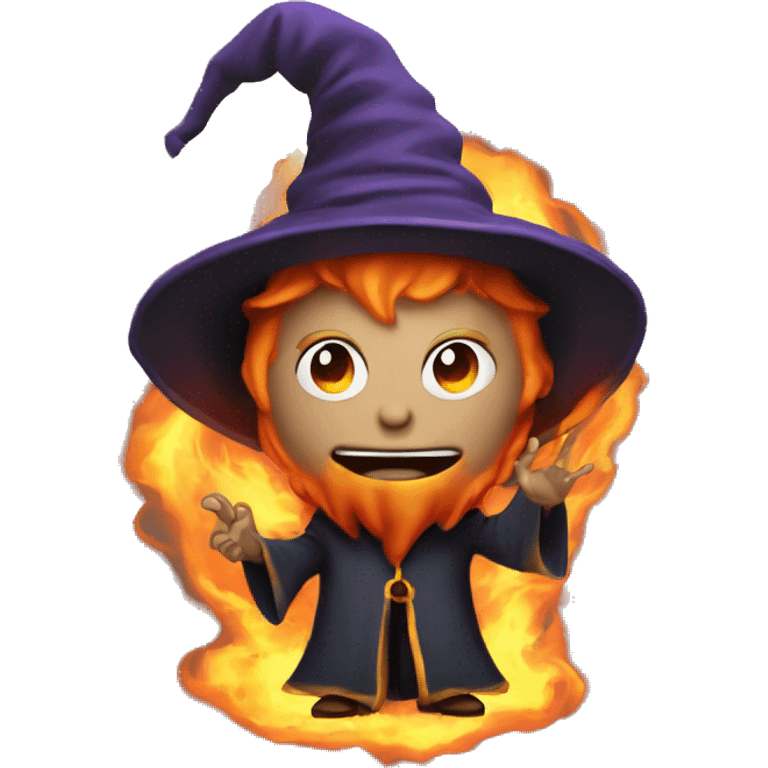 Human demonologist in a wizard costume, surrounded by a fiery halo, Halloween theme, emoji emoji