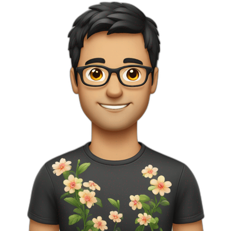 german guy with short dark hair wearing glasses and dark t-shirt with flowers print emoji