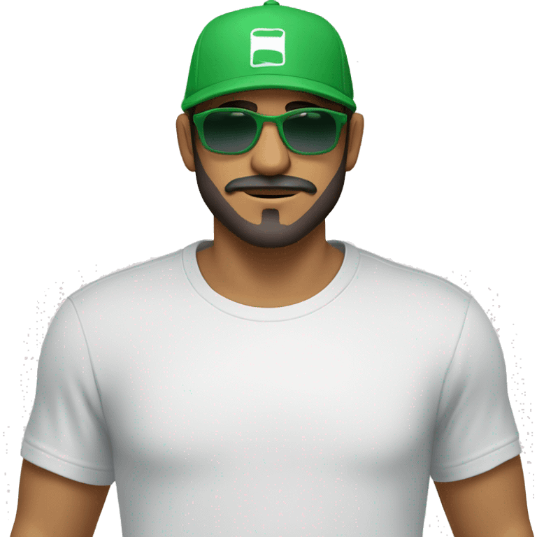 reate a young mixed-race man with a beard and moustache wearing an all-green cap and a white T-shirt. Add the supreme brand logo on the cap, brown eyes and a pair of sunglasses with blue glasses emoji