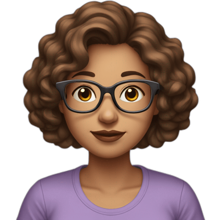 young-woman-with-glasses-and-medium-length-wavybrown-hair-halding-a-book-with-lilac-tshirt emoji