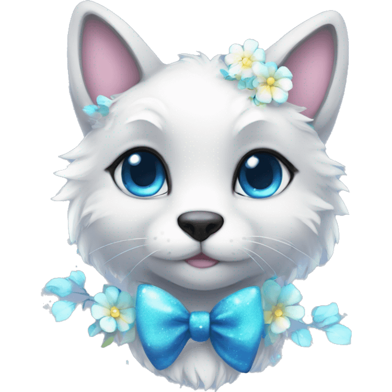 Anthro Cute Cool Kawaii gorgeous sparkly ethereal fantasy animal creature with blue eyes furry sona with flowers and bow tie beautiful aesthetic emoji