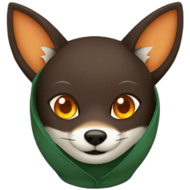 a small dark brown fox with orange eyes with a dark green hood that smile emoji