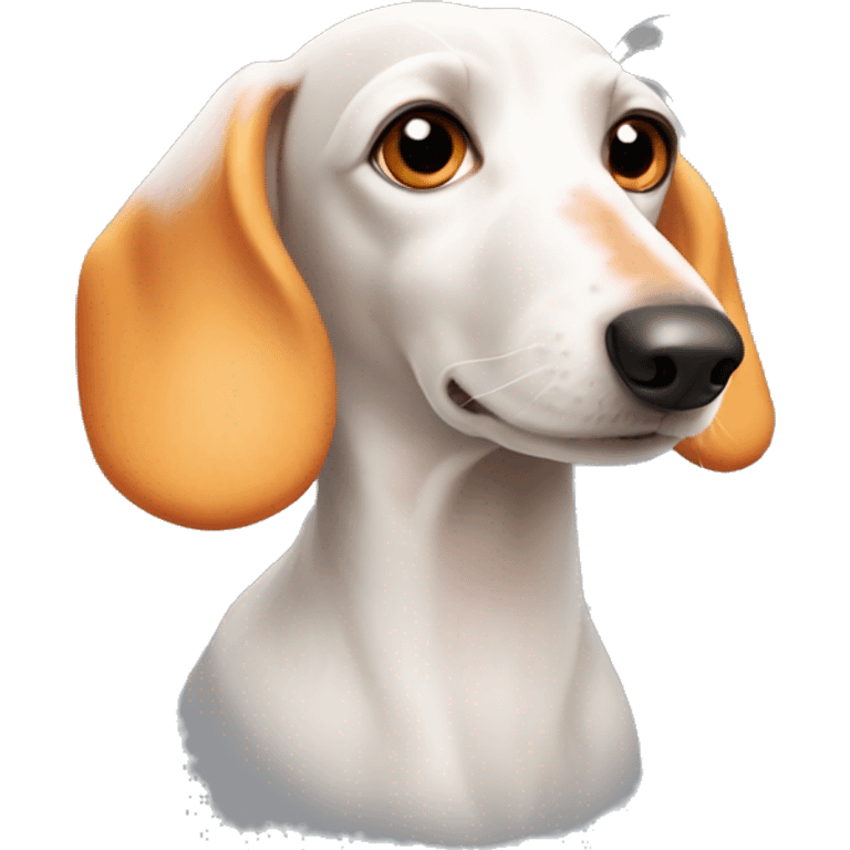 White dachshund with orange fur around her eyes and ears emoji