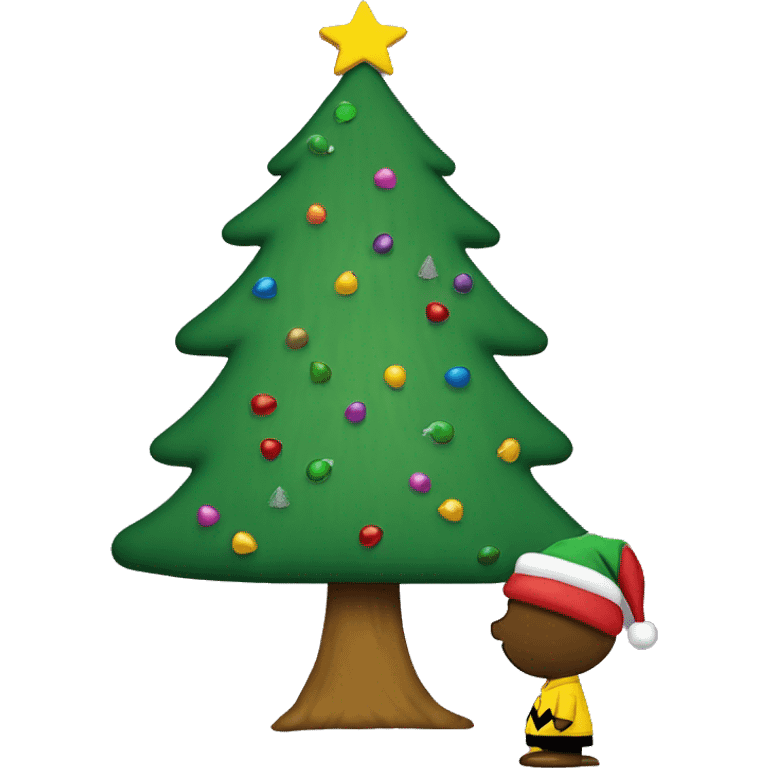 Christmas Charlie Brown giving a hang 10 by a Christmas tree emoji