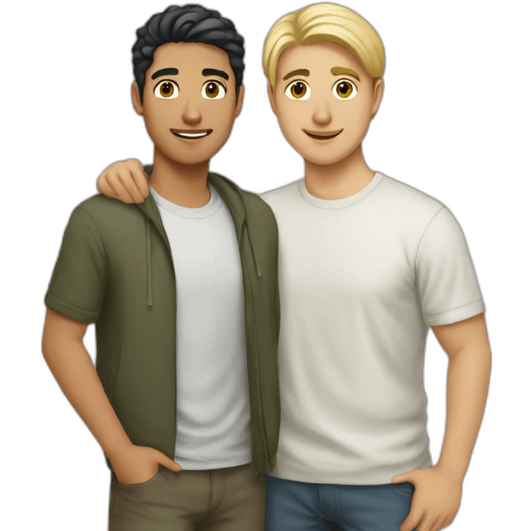 Arab asian and blonde italian male friends standing together emoji