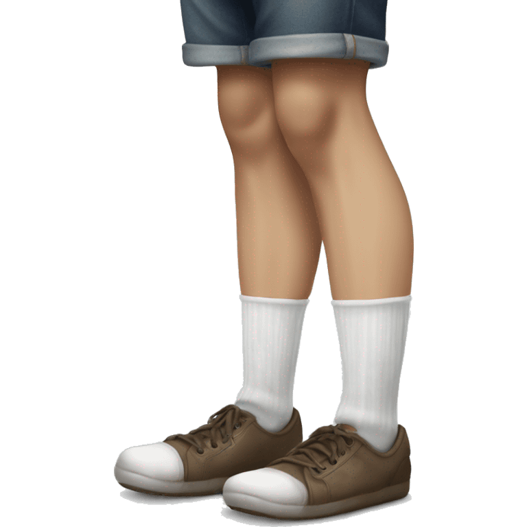 The image show a white young man legs. They are wearing a dirty socks . Their legs are extended, with one foot closer to the camera showing bottom of socks. The person is wearing white socks with no shoes , one of which is on the floor. One leg in air emoji