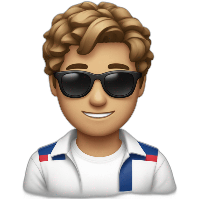 A young fit man with a white shirt and sunglasses on his hair with brown hair and a French flag in his hand emoji