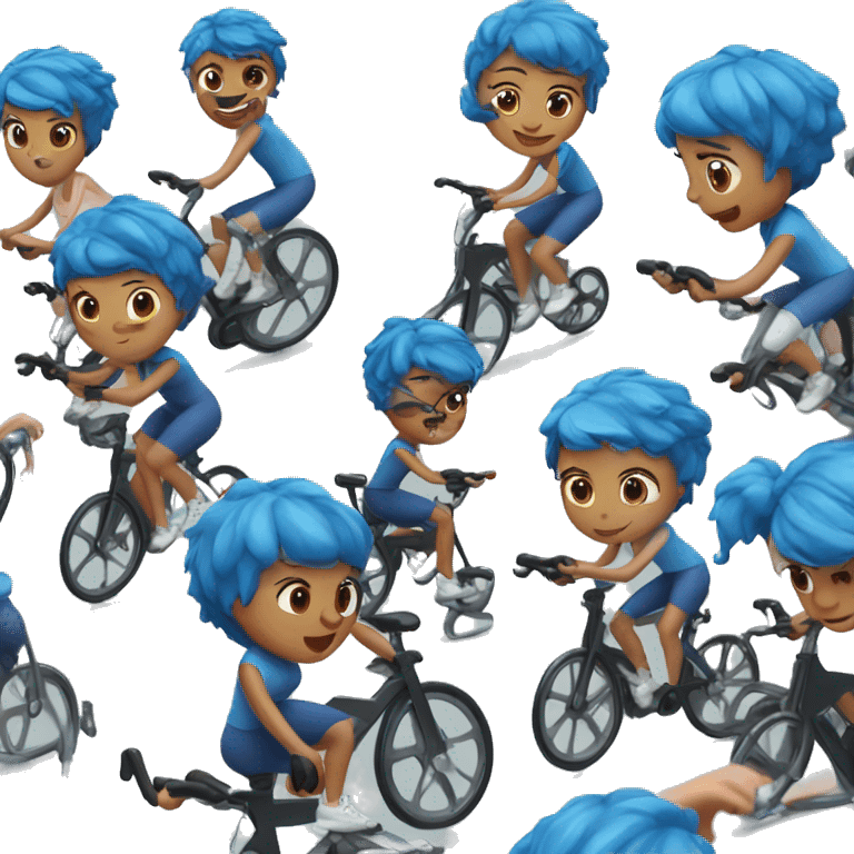 Girl with blue hair riding peloton bike with screen emoji