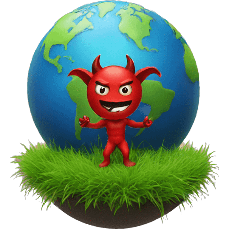 The devil standing on some grass with a tiny planet earth revolving around it emoji