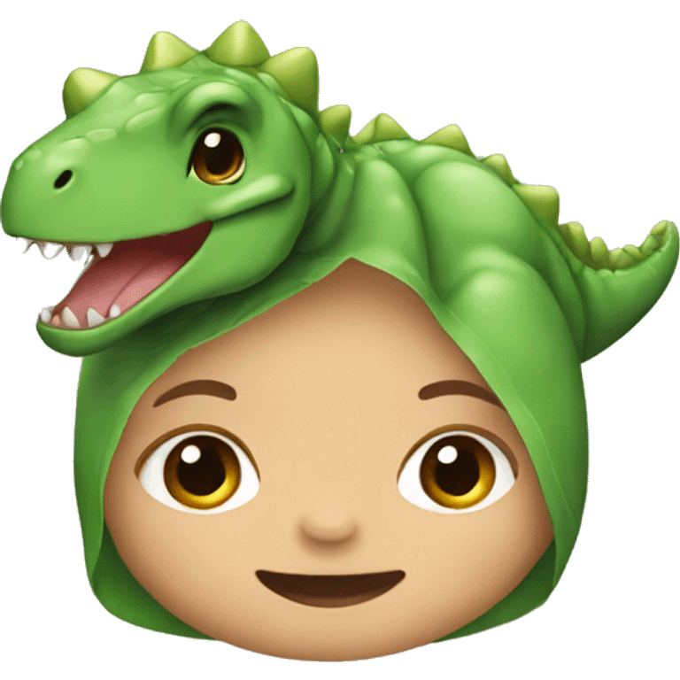 A baby dressed as a dinosaur emoji