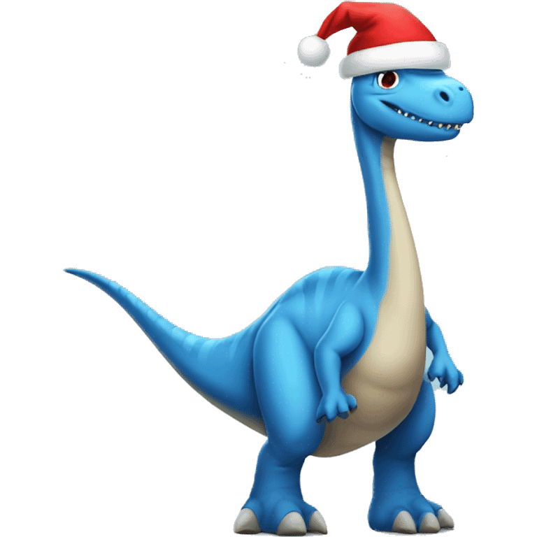 A blue long neck dinosaur full body with a Santa hat on   emoji