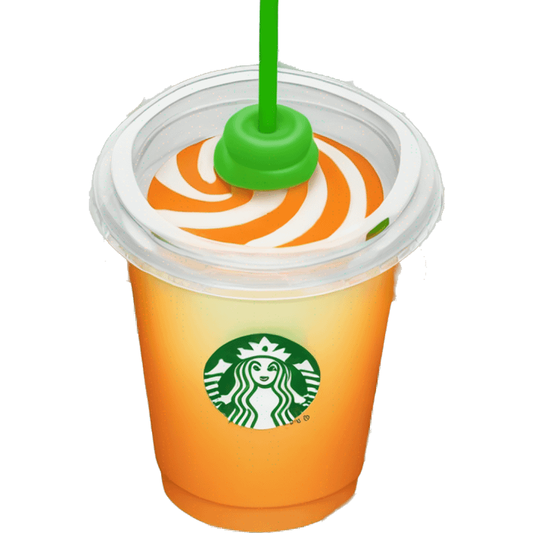 Realistic clear plastic cup with orange plastic Transluscent domed lid with orange and white swirled Frappuccino inside and green straw through the top of the lid. emoji