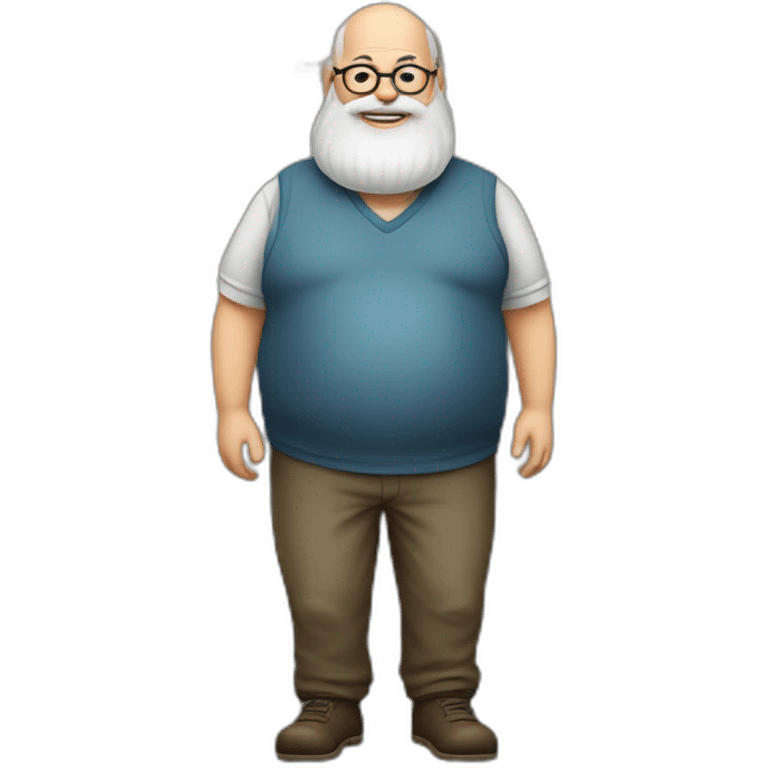 fat old man full body with grey beard and without hair, using eye glass drinking beer emoji