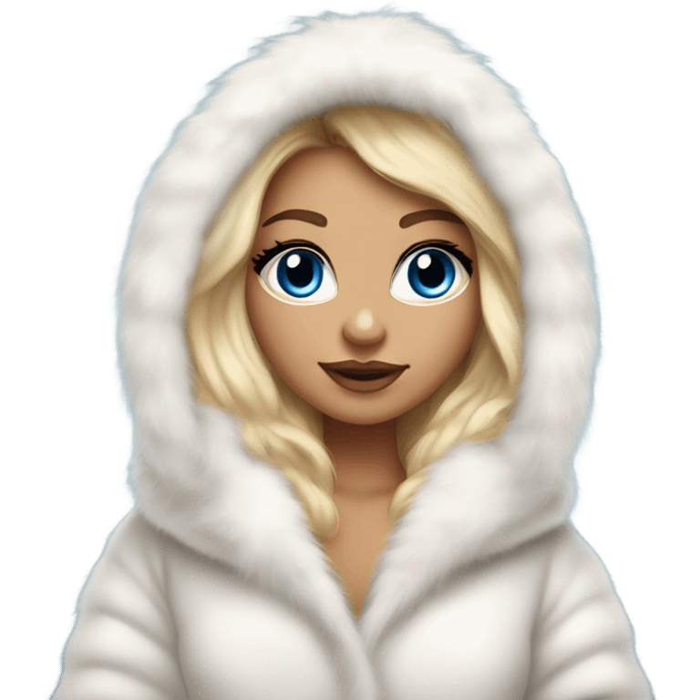 Tanned Girl with lashes and blue eyes, blonde hair, in a extremely big fluffy oversized white fur coat with hood on. The fur is real and it’s very obvious big and fluffy  emoji