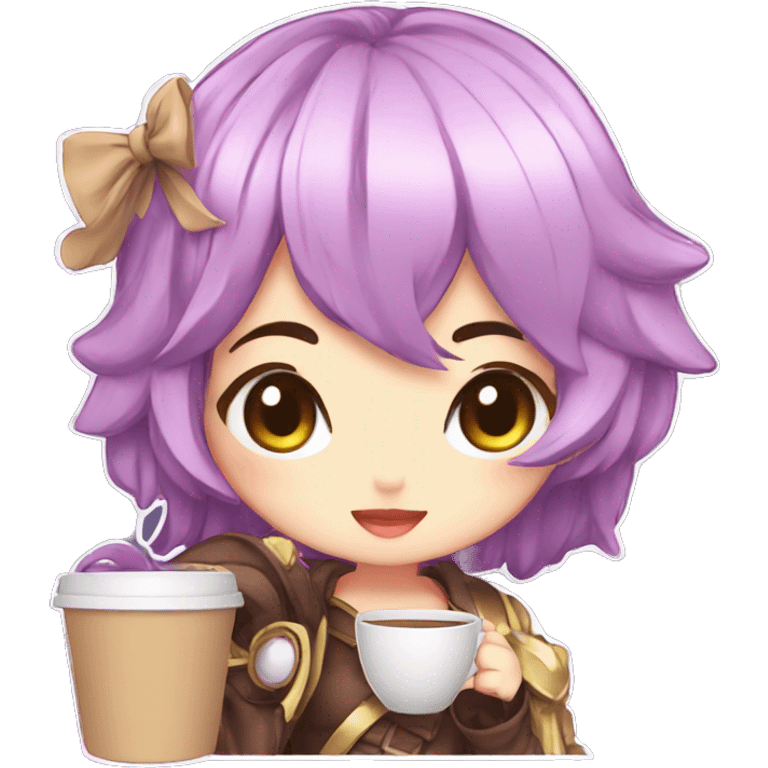 plutia drinking a coffee, anime, chibi, colorful emoji