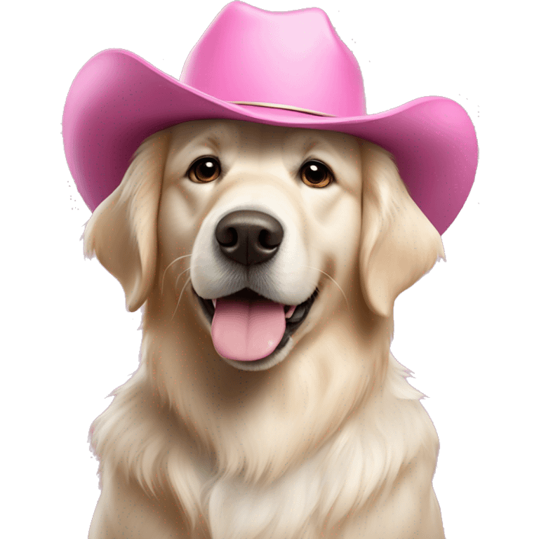 White golden retriever wearing pink cowboy hat emoji