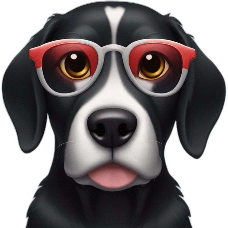 A black dog with a white snout, a white stripe down the middle, and red glasses." emoji