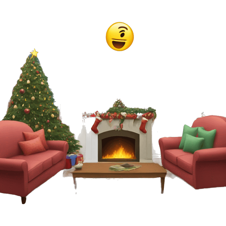 living room with christmas decorations and a sofa and a tv emoji