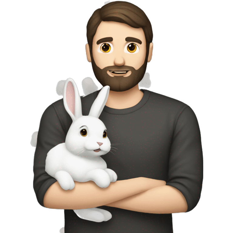 Brunette guy with a beard holds a white rabbit  emoji