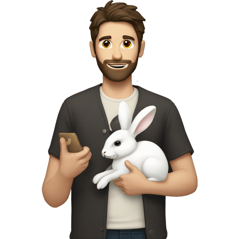 Brunette guy with a beard holds a white rabbit  emoji