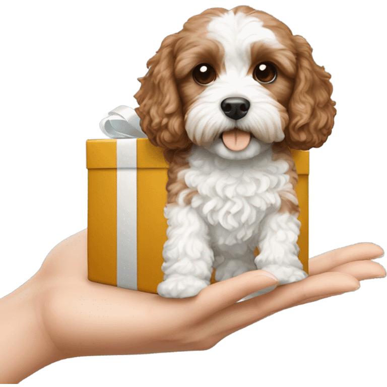 Brown and white cavapoo and gift box emoji