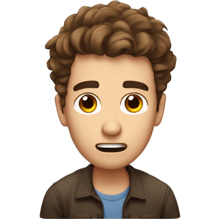 man with surprised face with messy brown hair, with small eyes and very high eyebrows emoji