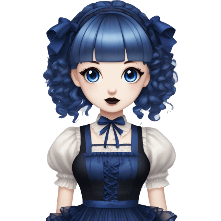 Japanese pale woman with Dark Blue curly pigtails and bangs, royal blue lips and eyeshadow, long eyelashes, blue eyes, black Lolita dress with laces and ribbons, gothic Lolita doll look emoji