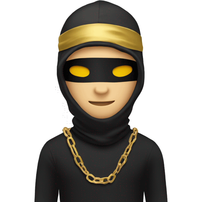 Sticker, a man wearing a black T-shirt and a black balaclava mask and a gold chain on his chest surrounded by a white outline, on a transparent background." emoji