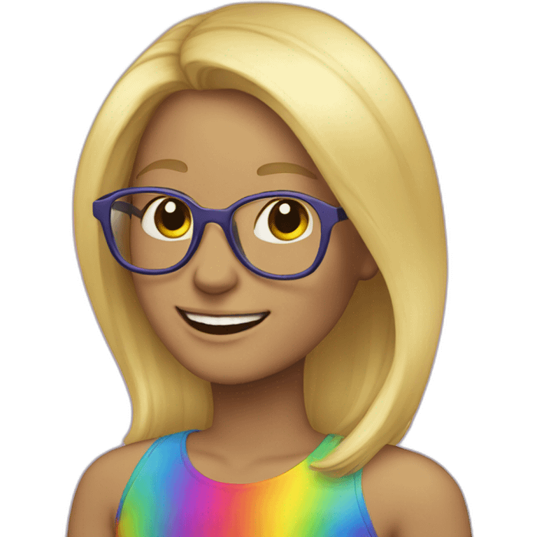 blonde hair woman, glasses, rainbow clothes, smile emoji