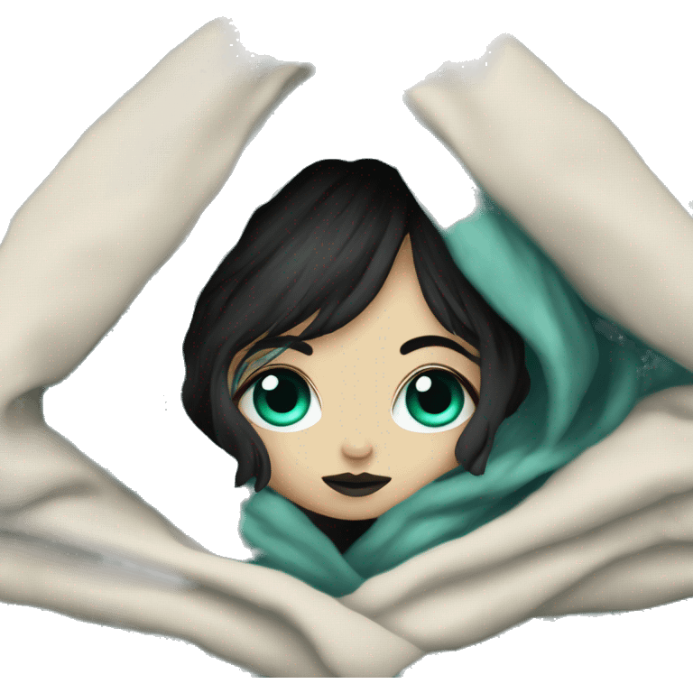 Goth girl with teal eyes in cozy blanket  emoji