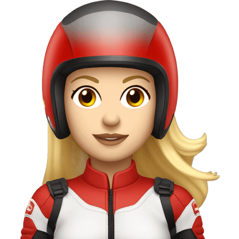 Mujer rubia en moto roja con casco rojo emoji