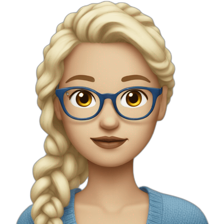 a blonde girl, 23 years old, with  white transparent glasses, very cute, with blue cardigan with clouds emoji