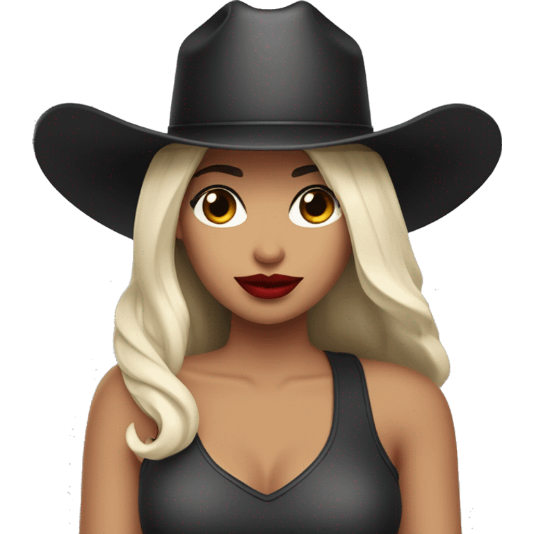 Woman with big red lips hazel eyes white skin black straight hair and a cowboy hat  emoji