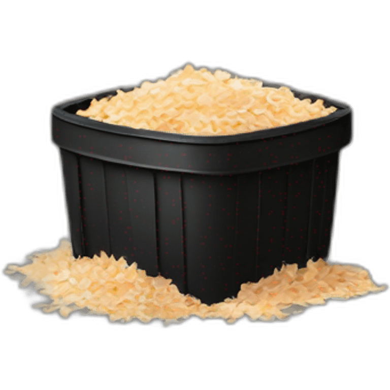 Black cubic plastic container with wood shavings inside emoji