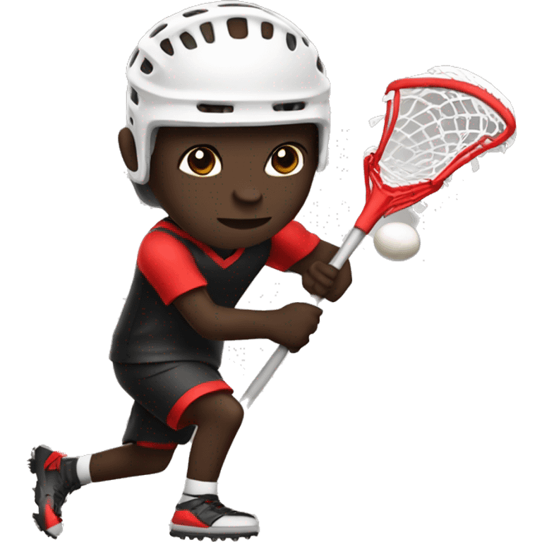 A dark skin colored boy playing lacrosse with a black and red jersey. emoji