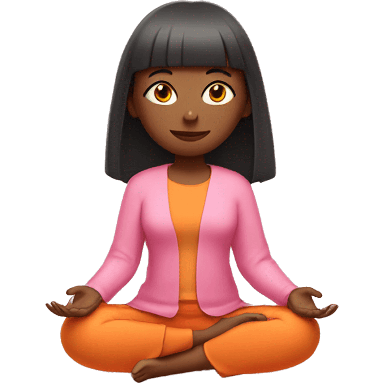 girl with orange shoulder straight lenght and bangs in pink clothes sitting in meditation emoji