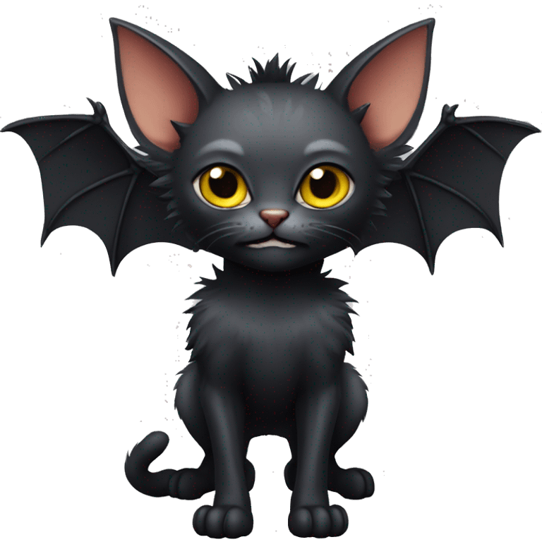 Black Lykoi Cat with Bat wings on head and big fangs full body emoji