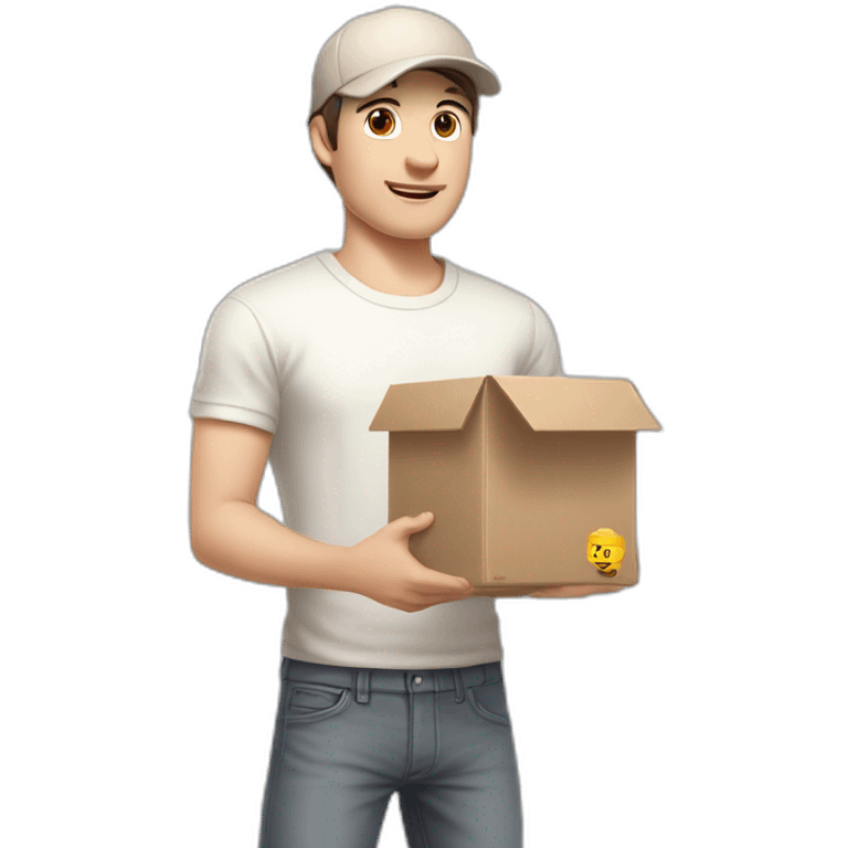 Pale skinned fit Man with dark brown hair in a white cap, gray jeans and beige polo T-shirt keeping a pasted box into his hands emoji